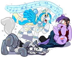 Size: 3500x2836 | Tagged: safe, artist:virmir, oc, oc only, oc:princess toytime, oc:radioactive toast, oc:trask, oc:virmir, species:alicorn, species:human, species:pony, alicorn oc, anthro to pony, furry, furry to pony, heterochromia, human to pony, inflatable, inflatable pony, singing, species swap, transformation