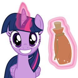 Size: 3889x3880 | Tagged: safe, artist:cloudyskie, character:twilight sparkle, character:twilight sparkle (alicorn), species:alicorn, species:pony, episode:what about discord?, g4, my little pony: friendship is magic, .ai available, bottle, female, folded wings, glowing horn, grin, looking at you, magic, mare, simple background, smiling, solo, transparent background, vector