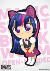 Size: 3508x4962 | Tagged: safe, artist:cakonde, character:twilight sparkle, species:human, absurd resolution, big ears, big eyes, book, bookworm, chibi, clothing, cute, ears, female, humanized, magic, necktie, open-minded, purple, skirt, smart, socks, solo, typography, uniform, vector, vest, white
