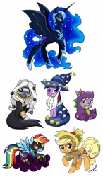 Size: 2393x4103 | Tagged: safe, artist:chibi-jen-hen, character:applejack, character:nightmare moon, character:princess luna, character:rainbow dash, character:spike, character:twilight sparkle, character:zecora, species:zebra, clothing, costume, nightmare night, nightmare night costume