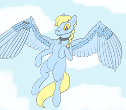 Size: 1500x1300 | Tagged: safe, artist:ononim, oc, oc only, oc:windswept skies, species:pegasus, species:pony, belly, birthday gift, braid, charm, cloud, collar, flying, looking at you, male, sky, solo, stallion, wings