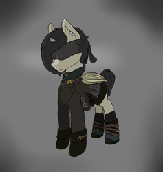 Size: 2005x2113 | Tagged: safe, artist:syntiset, oc, oc only, oc:schurl miller, species:bat pony, species:pony, 9s, bandage, bat wings, clothing, crossover, dress, leotard, male, nier, nier: automata, pants, ponified, simple background, stallion
