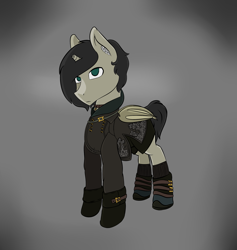 Size: 2005x2113 | Tagged: safe, artist:syntiset, oc, oc only, oc:schurl miller, species:bat pony, species:pony, 9s, bat wings, clothing, crossover, dress, leotard, male, nier, nier: automata, pants, ponified, simple background, stallion