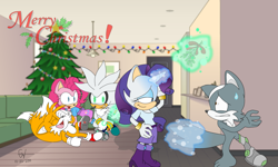 Size: 2383x1429 | Tagged: dead source, safe, artist:atomiclance, character:pinkie pie, character:rarity, oc, oc:raxx, species:anthro, species:plantigrade anthro, christmas lights, christmas tree, crossover, glowing horn, levitation, magic, miles "tails" prower, mistletoe, paws, psychic powers, silver the hedgehog, sonic the hedgehog (series), sonicified, telekinesis, tree