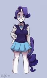 Size: 777x1280 | Tagged: safe, artist:autumnmelody, character:rarity, species:anthro, species:unguligrade anthro, clothing, eye clipping through hair, female, hand on hip, looking at you, shirt, signature, simple background, skirt, smiling, solo, sweater vest, vest