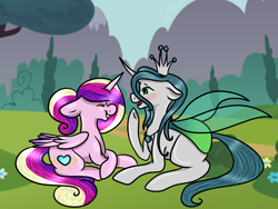 Size: 1600x1200 | Tagged: safe, artist:midnight-drip, character:princess cadance, character:queen chrysalis, species:alicorn, species:changeling, species:pony, ship:cadalis, blushing, bush, changeling queen, cute, cutealis, cutedance, eyes closed, female, flower, grass, infidelity, lesbian, prone, shipping, younger