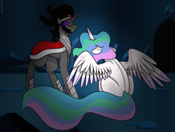 Size: 1600x1200 | Tagged: safe, artist:midnight-drip, character:king sombra, character:princess celestia, species:pony, sitting, spread wings, wings
