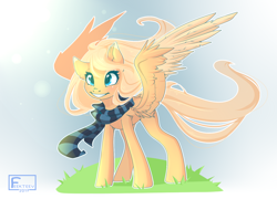 Size: 1280x922 | Tagged: safe, artist:feekteev, oc, oc only, oc:mirta whoowlms, species:pegasus, species:pony, clothing, female, mare, scarf, smiling, solo, spread wings, wings