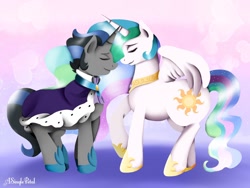 Size: 1024x768 | Tagged: safe, artist:asinglepetal, character:good king sombra, character:king sombra, character:princess celestia, species:alicorn, species:pony, ship:celestibra, eyes closed, female, horns are touching, male, mare, redraw, shipping, straight