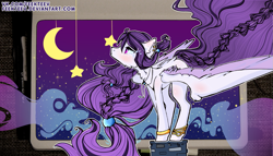 Size: 1279x731 | Tagged: safe, artist:feekteev, oc, oc only, oc:stargazer, species:pegasus, species:pony, bracelet, colored pupils, commission, crescent moon, ear piercing, earring, female, jewelry, long mane, long tail, mare, moon, night, piercing, solo, spread wings, stars, tangible heavenly object, wings, ych result
