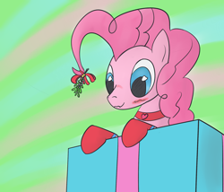 Size: 2100x1800 | Tagged: safe, artist:ononim, character:pinkie pie, species:earth pony, species:pony, blushing, bronybait, clothing, female, mare, mistletoe, present, socks, solo, wavy mouth