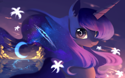 Size: 1920x1200 | Tagged: safe, artist:gianghanz, character:princess luna, species:alicorn, species:pony, beautiful, crescent moon, female, flower, galaxy mane, horizon, looking at you, mare, missing accessory, moon, sky, smiling, solo, wallpaper, water