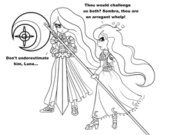 Size: 1343x1038 | Tagged: safe, artist:root, character:princess celestia, character:princess luna, species:human, armor, humanized, sketch, sword, weapon