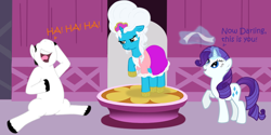 Size: 736x368 | Tagged: safe, artist:vcm1824, character:rarity, oc, oc:chrissy, oc:po, species:earth pony, species:pony, species:unicorn, episode:swarm of the century, g4, my little pony: friendship is magic, angry, clothing, dress, dressing, dressup, female, girly, laughing, male, mare, mare antoinette, marie antoinette, model, modeling, powdered wig, ribbon, stallion