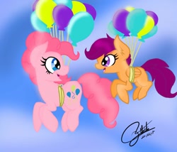 Size: 1120x960 | Tagged: safe, artist:sweetkllrvane, character:pinkie pie, character:scootaloo, species:earth pony, species:pegasus, species:pony, balloon, duo, floating, scootaloo can fly, scootalove, sky, then watch her balloons lift her up to the sky