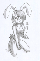 Size: 1332x2035 | Tagged: safe, artist:kruszyna25, character:marble pie, species:anthro, blushing, breasts, bunny ears, bunny tail, clothing, female, grayscale, monochrome, pencil drawing, shy, sitting, sketch, solo, traditional art