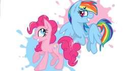 Size: 2047x1154 | Tagged: safe, artist:sweetkllrvane, character:pinkie pie, character:rainbow dash, species:pony, flying, raised hoof