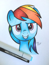 Size: 1024x1365 | Tagged: safe, artist:kimmyartmlp, character:rainbow dash, species:pegasus, species:pony, bust, female, looking at you, mare, marker, marker drawing, portrait, simple background, smiling, solo, traditional art, white background
