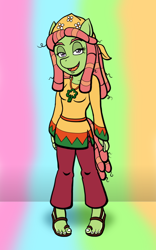 Size: 750x1200 | Tagged: safe, artist:regularmouseboy, character:tree hugger, species:anthro, species:plantigrade anthro, clothing, female, hippie, looking at you, medallion, pants, psychedelic, sandals, solo, tunic