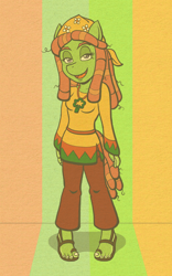 Size: 750x1200 | Tagged: safe, artist:regularmouseboy, character:tree hugger, species:anthro, species:plantigrade anthro, clothing, female, hippie, looking at you, medallion, pants, psychedelic, retro, sandals, solo, texture, tunic, vintage