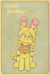 Size: 1200x1800 | Tagged: safe, artist:regularmouseboy, character:granny smith, basket, braid, bunny ears, clothing, cutie mark, easter, easter egg, female, looking at you, retro, scarf, simple background, sitting, solo, vintage, young granny smith