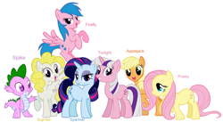 Size: 1178x645 | Tagged: safe, artist:atomiclance, character:applejack, character:applejack (g1), character:firefly, character:fluttershy, character:pinkie pie, character:posey, character:rainbow dash, character:rarity, character:sparkler (g1), character:spike (g1), character:surprise, character:twilight sparkle, species:dragon, species:earth pony, species:pegasus, species:pony, species:unicorn, g1, g4, female, g1 six, g1 to g4, generation leap, group shot, male, mane seven, mane six, mare, recolor, simple background, what could have been, white background