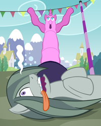 Size: 1000x1250 | Tagged: safe, artist:regularmouseboy, character:marble pie, episode:the one where pinkie pie knows, g4, my little pony: friendship is magic, cute, fainted, houses, marblebetes, mountain, scared, scenery, tongue out, town, wacky waving inflatable tube pony, wide eyes