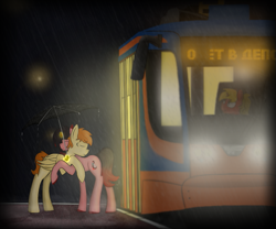 Size: 639x532 | Tagged: safe, artist:subway777, oc, oc only, oc:rave muller, oc:tatra, oc:vincher, species:pegasus, species:pony, species:unicorn, duo, hug, night, rain, ravecher, tram, umbrella