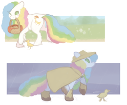 Size: 940x780 | Tagged: safe, artist:bananasmores, species:duck, species:earth pony, species:pony, g1, basket, blushing, boots, clothing, cookie, dock, duckling, female, food, hat, mare, mouth hold, quackers, rain, rainbow hair, rainbow tail, raincoat, sou'wester, sunlight, unshorn fetlocks, wellington boots
