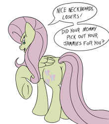 Size: 1069x1216 | Tagged: safe, artist:keboponda, character:fluttershy, species:pony, 30 minute art challenge, bronybait, dialogue, discorded, female, flutterbitch, plot, simple background, solo, white background