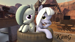 Size: 1920x1080 | Tagged: safe, artist:kmg0047, character:limestone pie, character:marble pie, species:earth pony, species:pony, 3d, female, hair over one eye, looking at you, mare, sisters, tire