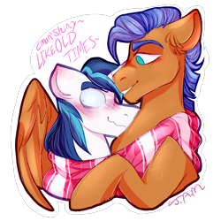 Size: 2500x2500 | Tagged: safe, artist:ihasjessie-kat, character:shining armor, character:spearhead, species:pegasus, species:pony, species:unicorn, episode:a flurry of emotions, g4, my little pony: friendship is magic, blushing, clothing, cuddling, gay, male, scarf, shipping, spearmor, stallion