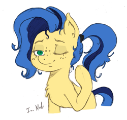 Size: 681x646 | Tagged: source needed, safe, artist:certificate, artist:i am nude, oc, oc only, oc:milky way, species:earth pony, species:pony, alternate hairstyle, blushing, colored, female, freckles, mare, one eye closed, ponytail, simple background, solo, white background, wink