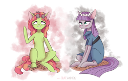 Size: 2796x1772 | Tagged: safe, artist:ratann, character:maud pie, character:tree hugger, species:earth pony, species:pony, ship:maudhugger, female, floral head wreath, flower, lesbian, mare, shipping, simple background, white background