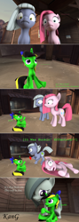 Size: 1920x5420 | Tagged: safe, artist:kmg0047, character:limestone pie, character:marble pie, character:pinkamena diane pie, character:pinkie pie, oc, oc:jazz notes, species:pony, species:unicorn, 3d, absurd resolution, comic, female, filly, heart attack, mare, sitting, squee