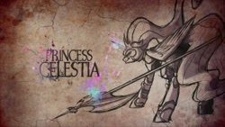 Size: 1280x720 | Tagged: safe, artist:ipoloarts, character:princess celestia, species:alicorn, species:pony, armor, female, glowing horn, limited palette, mare, serious, serious face, solo, warrior celestia, weapon