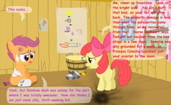 Size: 900x555 | Tagged: safe, artist:birdco, character:apple bloom, character:scootaloo, species:earth pony, species:pegasus, species:pony, bandage, cast, classroom follies, clubhouse, comic, crusaders clubhouse, duo, duo female, female, short tail, sitting