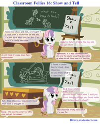 Size: 900x1115 | Tagged: safe, artist:birdco, character:sweetie belle, species:pony, species:unicorn, chalkboard, classroom follies, comic, female, filly, implied apple bloom, offscreen character, ponyville schoolhouse, show and tell, solo