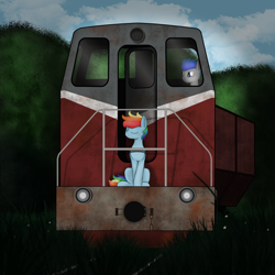 Size: 1024x1024 | Tagged: safe, artist:subway777, character:rainbow dash, oc, species:pegasus, species:pony, duo, forest, narrow gauge, railroad, train