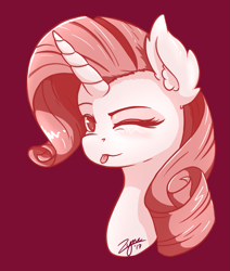 Size: 1221x1437 | Tagged: safe, artist:zyncrus, character:rarity, species:pony, species:unicorn, bust, female, monochrome, one eye closed, red background, simple background, solo, tongue out