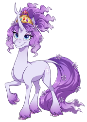 Size: 1000x1400 | Tagged: safe, artist:heilos, character:tree of harmony, oc, oc only, oc:harmony (heilos), species:classical unicorn, species:pony, species:unicorn, big crown thingy, cloven hooves, elements of harmony, female, flower, flower in hair, jewelry, leonine tail, mare, ponified, raised hoof, regalia, simple background, smiling, solo, transparent background, tree of harmony, unshorn fetlocks
