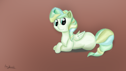 Size: 3840x2160 | Tagged: safe, artist:rainyvisualz, character:vapor trail, species:pegasus, species:pony, g4, brown background, folded wings, lying down, shading, shy, simple background, solo, wings