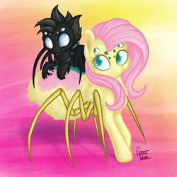 Size: 1700x1700 | Tagged: safe, artist:gracewolf, character:fluttershy, oc, oc:crucible, species:changeling, cute, cuteling, fluffy, monster pony, original species, shyabetes, species swap, spider, spiderling, spiderpony, spidershy
