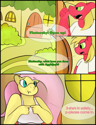 Size: 765x990 | Tagged: safe, artist:simplyshivers, character:big mcintosh, character:fluttershy, species:anthro, comic:craving an apple or two, applejack's hat, chubby, clothing, comic, cowboy hat, flutterpred, hat, imminent vore
