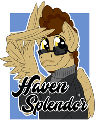 Size: 1306x1750 | Tagged: safe, artist:wcnimbus, oc, oc only, oc:haven splendor, species:pegasus, species:pony, badge, clothing, con badge, everfree northwest, facial hair, jacket, male, salute, simple background, smiling, solo, stallion, sunglasses, sweater, text, turtleneck, wing gesture, wing hands, wings