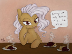 Size: 1250x938 | Tagged: safe, artist:gracewolf, oc, oc only, oc:fresh slice, species:pony, dialogue, dish, female, food, food pony, lidded eyes, looking at you, mare, original species, pie, pie pony, smiling, solo, steam