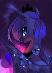 Size: 865x1200 | Tagged: dead source, safe, artist:gianghanz, character:princess luna, species:alicorn, species:pony, abstract background, beautiful, cute, ear fluff, female, flower, glowing horn, jewelry, looking at you, looking back, lunabetes, mare, rear view, rose, s1 luna, sitting, smiling, solo, spread wings, wing jewelry, wings