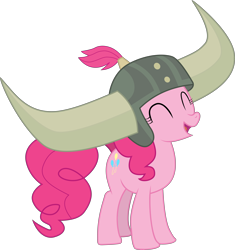 Size: 6598x7024 | Tagged: safe, artist:paganmuffin, character:pinkie pie, species:pony, episode:not asking for trouble, g4, my little pony: friendship is magic, absurd resolution, eyes closed, female, helmet, honorary yak horns, horned helmet, simple background, smiling, solo, transparent background, vector, viking helmet