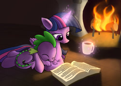 Size: 1780x1265 | Tagged: safe, artist:jaeneth, character:spike, character:twilight sparkle, character:twilight sparkle (alicorn), species:alicorn, species:dragon, species:pony, baby, baby dragon, book, chocolate, cup, cute, drink, duo, female, fire, fireplace, food, hot chocolate, magic, male, mama twilight, mare, open book, reading, sleeping, spikabetes, spikelove, twiabetes