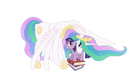 Size: 4859x2733 | Tagged: safe, artist:minimoose772, character:princess celestia, character:twilight sparkle, character:twilight sparkle (unicorn), species:alicorn, species:pony, species:unicorn, book, female, filly, foal, glowing horn, grin, magic, mare, momlestia, neck hug, neck snuzzle, photoshop, simple background, smiling, spread wings, squee, transparent background, vector, wings, wings down